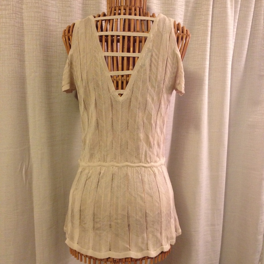 BEBE Wrap Hem Cold Shoulder Sweater Top in Sand - Picture 3 of 4